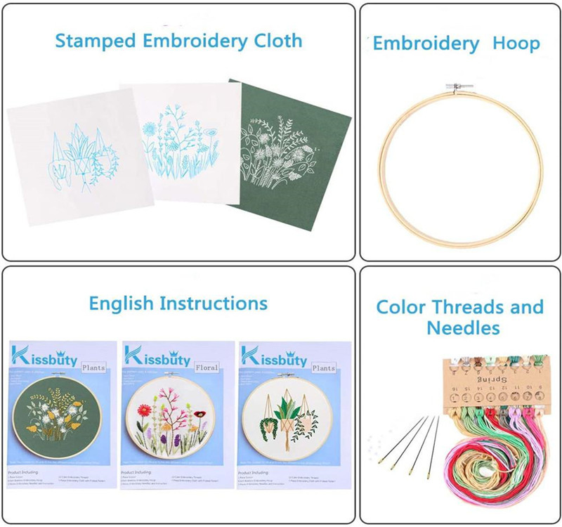 22-2022 New Embroidery Flower Handmade Needlework DIY Embroidery Starter Kits with Plastic Wooden Hoop