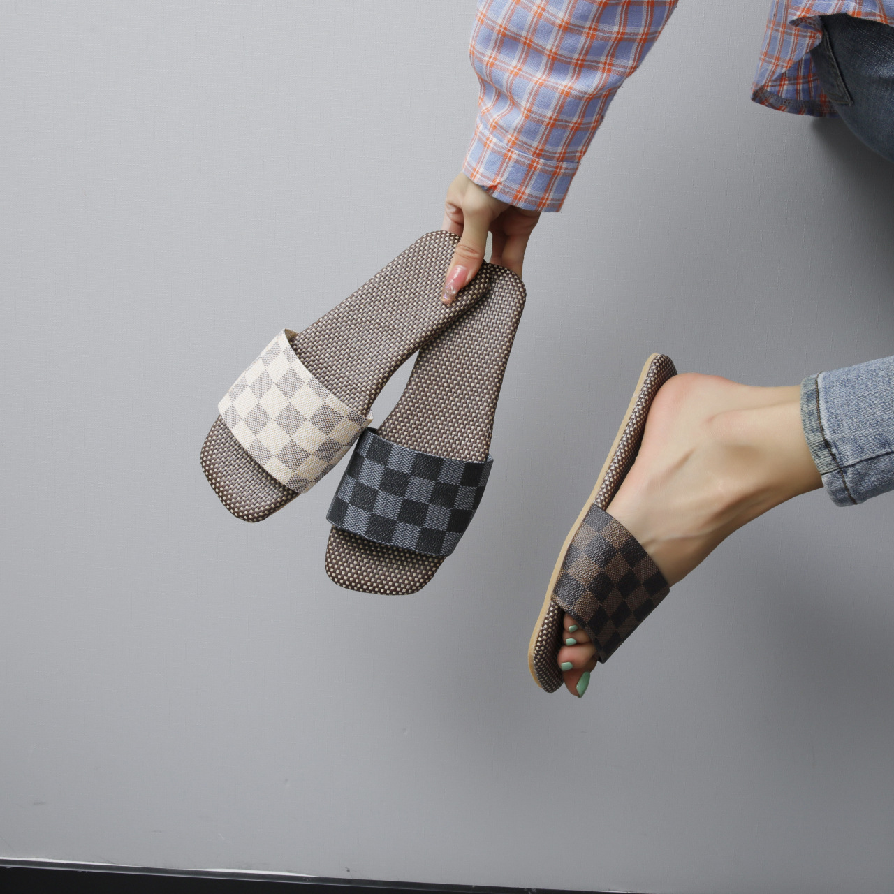 designer sandals women famous brands plaid gg flat sandals women