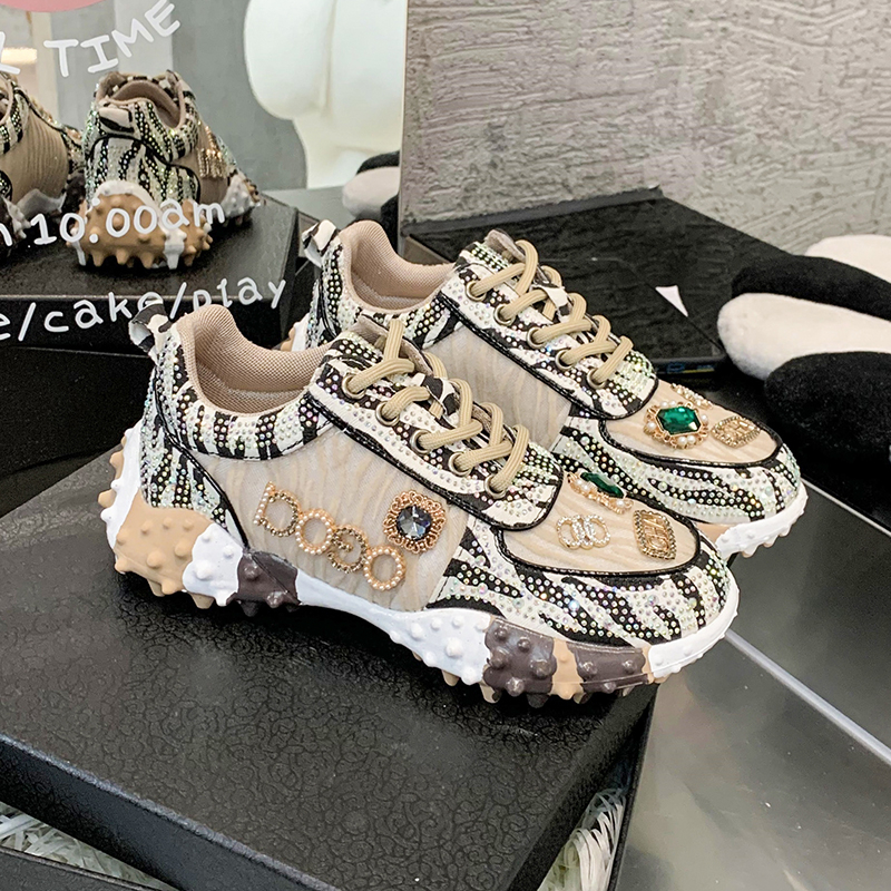 New design Handmade Diamond-bordered Glitter Leopard / Zebra print fashion women's casual shoes Original  Chunky S