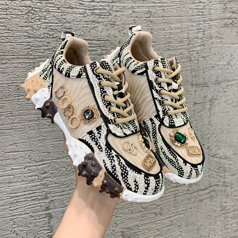 New design Handmade Diamond-bordered Glitter Leopard / Zebra print fashion women's casual shoes Original  Chunky S