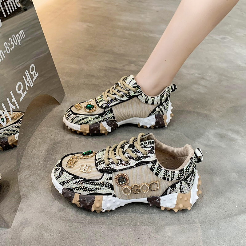 New design Handmade Diamond-bordered Glitter Leopard / Zebra print fashion women's casual shoes Original  Chunky S