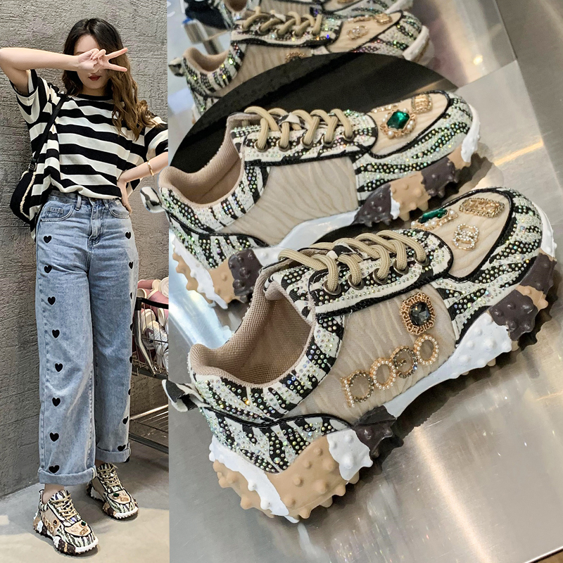 New design Handmade Diamond-bordered Glitter Leopard / Zebra print fashion women's casual shoes Original  Chunky S