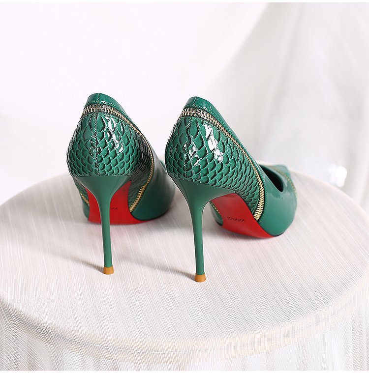 Retro Women's Sexy Snake Print Green High-heeled Shoes Pointed Fashion Zipper Thin Heel High-heeled Shoes