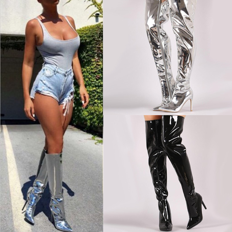 Dropshipping   2022 Silver Gold Metallic Long Boot Shoes Women High Heels Knee High Boots