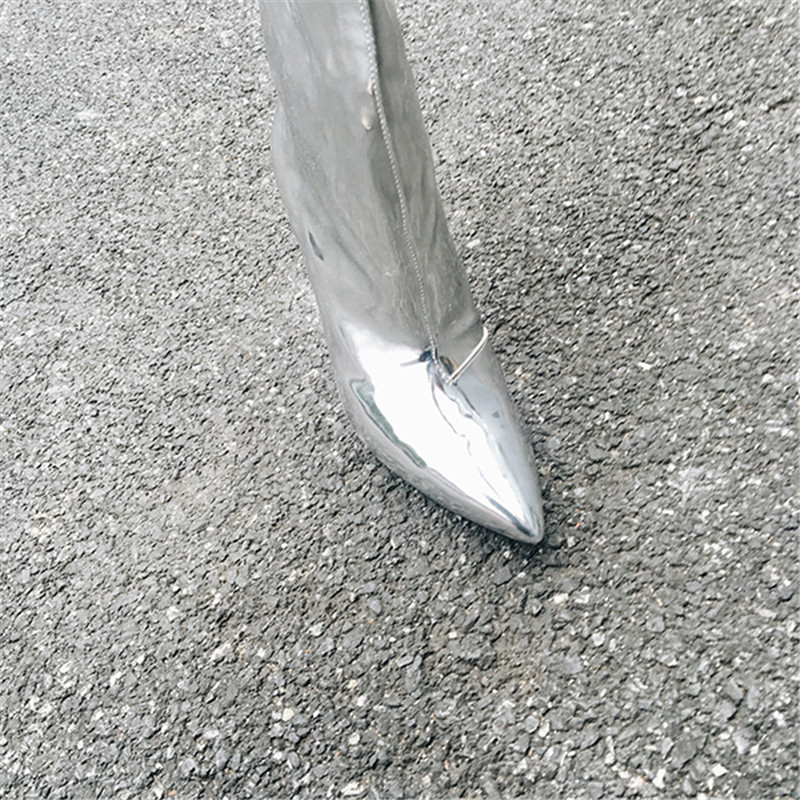 Dropshipping   2022 Silver Gold Metallic Long Boot Shoes Women High Heels Knee High Boots