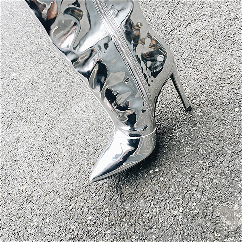 Dropshipping   2022 Silver Gold Metallic Long Boot Shoes Women High Heels Knee High Boots