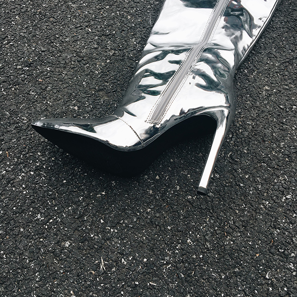 Dropshipping   2022 Silver Gold Metallic Long Boot Shoes Women High Heels Knee High Boots