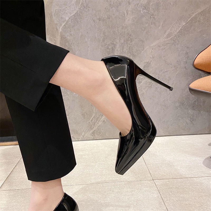 2023 new women's shoes pointed shallow mouth patent leather women's shoes high heels single shoes