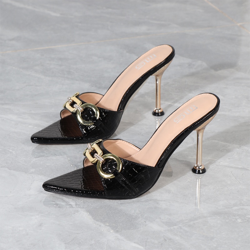 2022 Sandals For Women Summer Metal Chain One Line Outside Slippers Square Toe Check Stiletto High Heels Women's Shoes