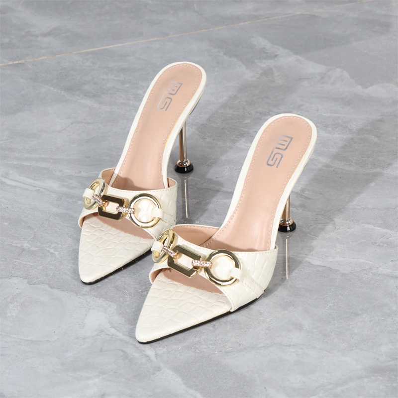 2022 Sandals For Women Summer Metal Chain One Line Outside Slippers Square Toe Check Stiletto High Heels Women's Shoes