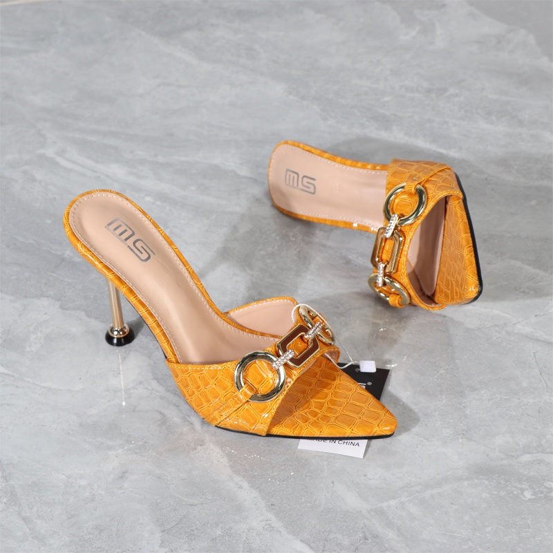 2022 Sandals For Women Summer Metal Chain One Line Outside Slippers Square Toe Check Stiletto High Heels Women's Shoes