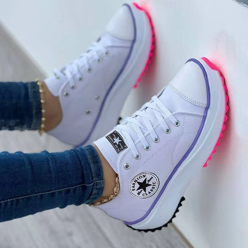 2022 High-Top Canvas Shoes Women's Thick-Soled Sports Casual Shoes Platform Round Toe Lace-up Breathable White Shoes