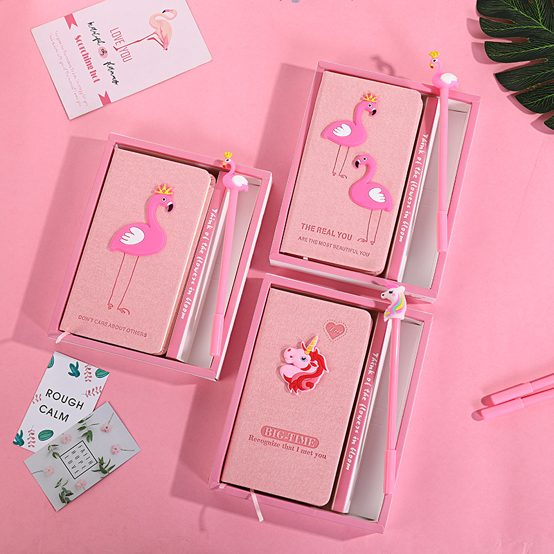 Kawaii Journal Stationery School Supplies Study Gift Tools Pink Flamingo Notebook Set Note Book  Pen Set Diary Day Plann