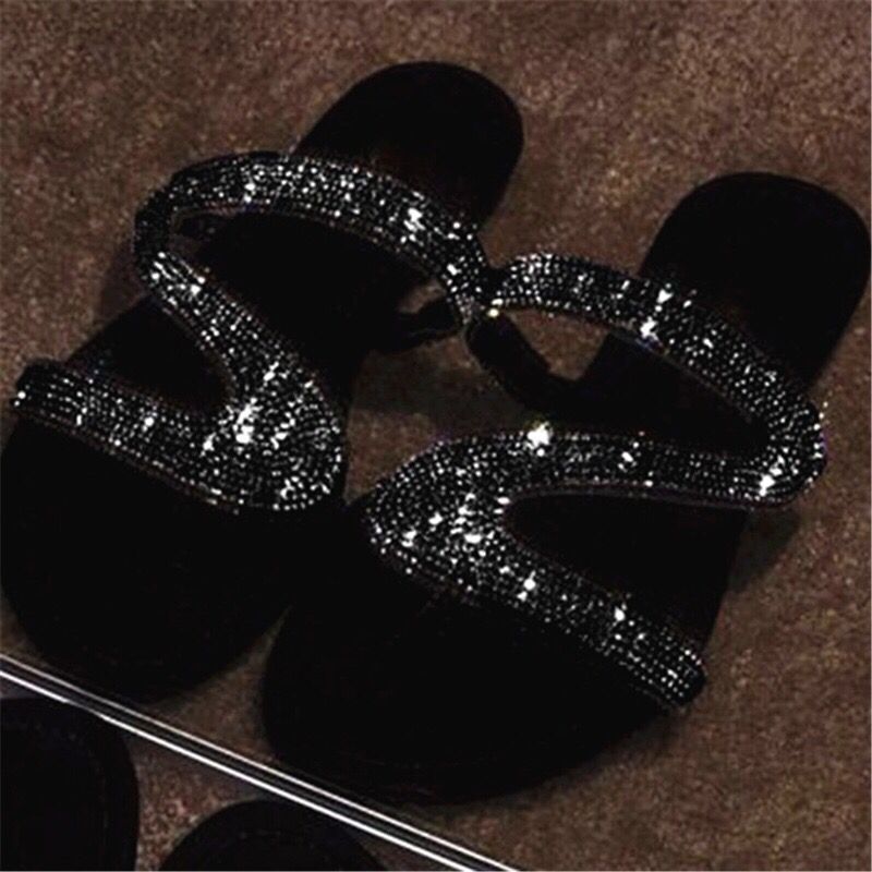 New rhinestone ladies flats shoes indoor outdoor stylish women flat bottom sandals in summer plus size women's slippers