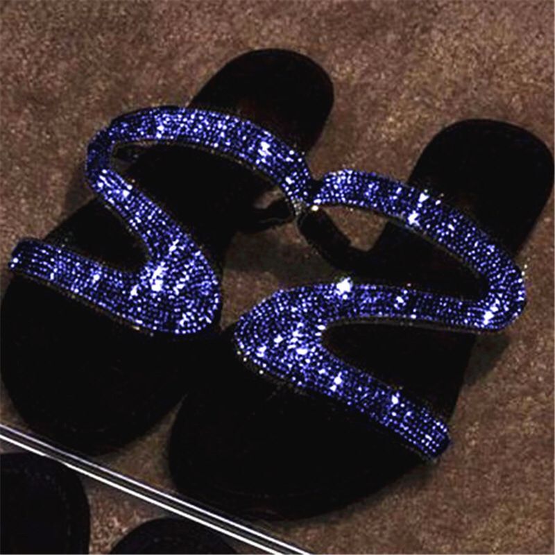New rhinestone ladies flats shoes indoor outdoor stylish women flat bottom sandals in summer plus size women's slippers