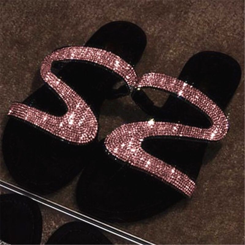 New rhinestone ladies flats shoes indoor outdoor stylish women flat bottom sandals in summer plus size women's slippers
