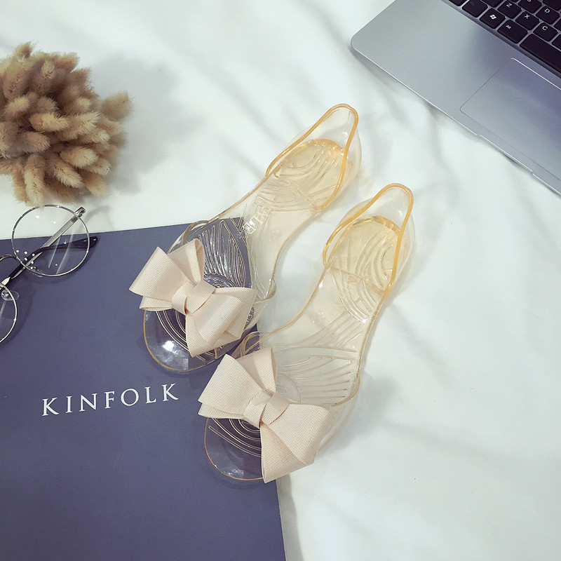   Hot Sale New PVC Women's Transparent Jelly Sandals Fashion Bow Fish Mouth Shoes Flats Casual Outdoors