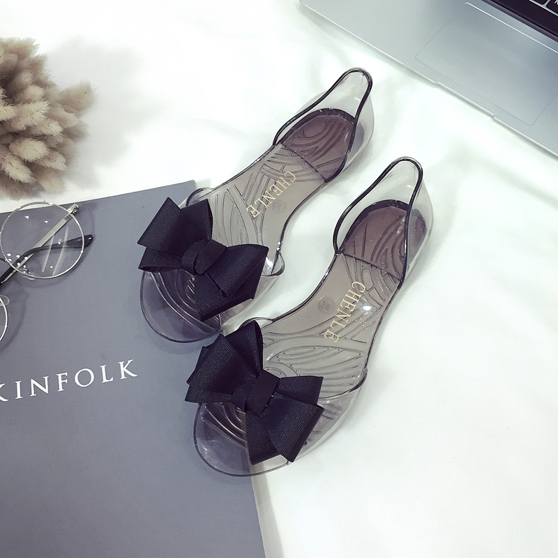   Hot Sale New PVC Women's Transparent Jelly Sandals Fashion Bow Fish Mouth Shoes Flats Casual Outdoors