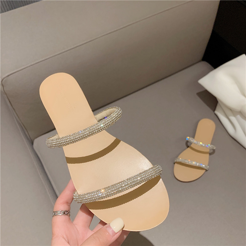 Woman's Sandals New Bling Rhinestones Flat Cross Sandalias Planas Ladies Flats Slides Shoes Summer