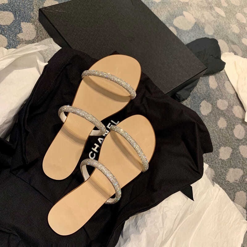 Woman's Sandals New Bling Rhinestones Flat Cross Sandalias Planas Ladies Flats Slides Shoes Summer