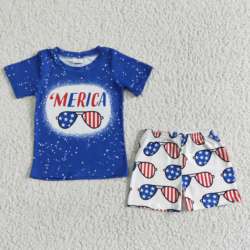 Naional Day girls' clothing sets MERICA blue boy's shirt shorts two piece set mew design matching clothes kid clothing
