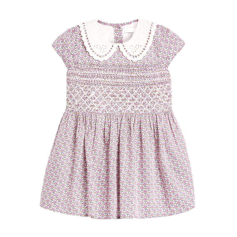 High Quality Kids Girls summer clothing 100%cotton Girls Cherry print smocked dress  with perter pan collar 2T-7