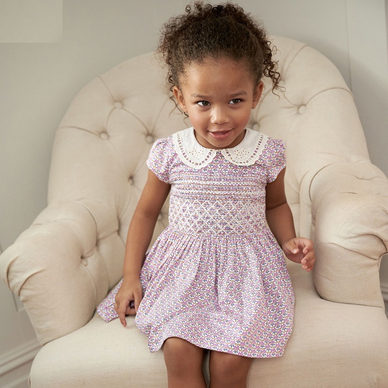 High Quality Kids Girls summer clothing 100%cotton Girls Cherry print smocked dress  with perter pan collar 2T-7