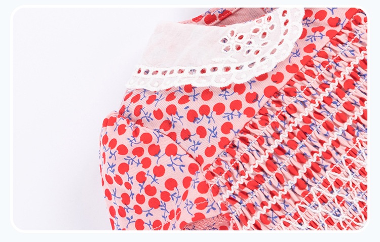 High Quality Kids Girls summer clothing 100%cotton Girls Cherry print smocked dress  with perter pan collar 2T-7
