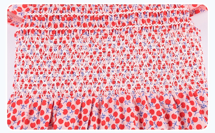 High Quality Kids Girls summer clothing 100%cotton Girls Cherry print smocked dress  with perter pan collar 2T-7