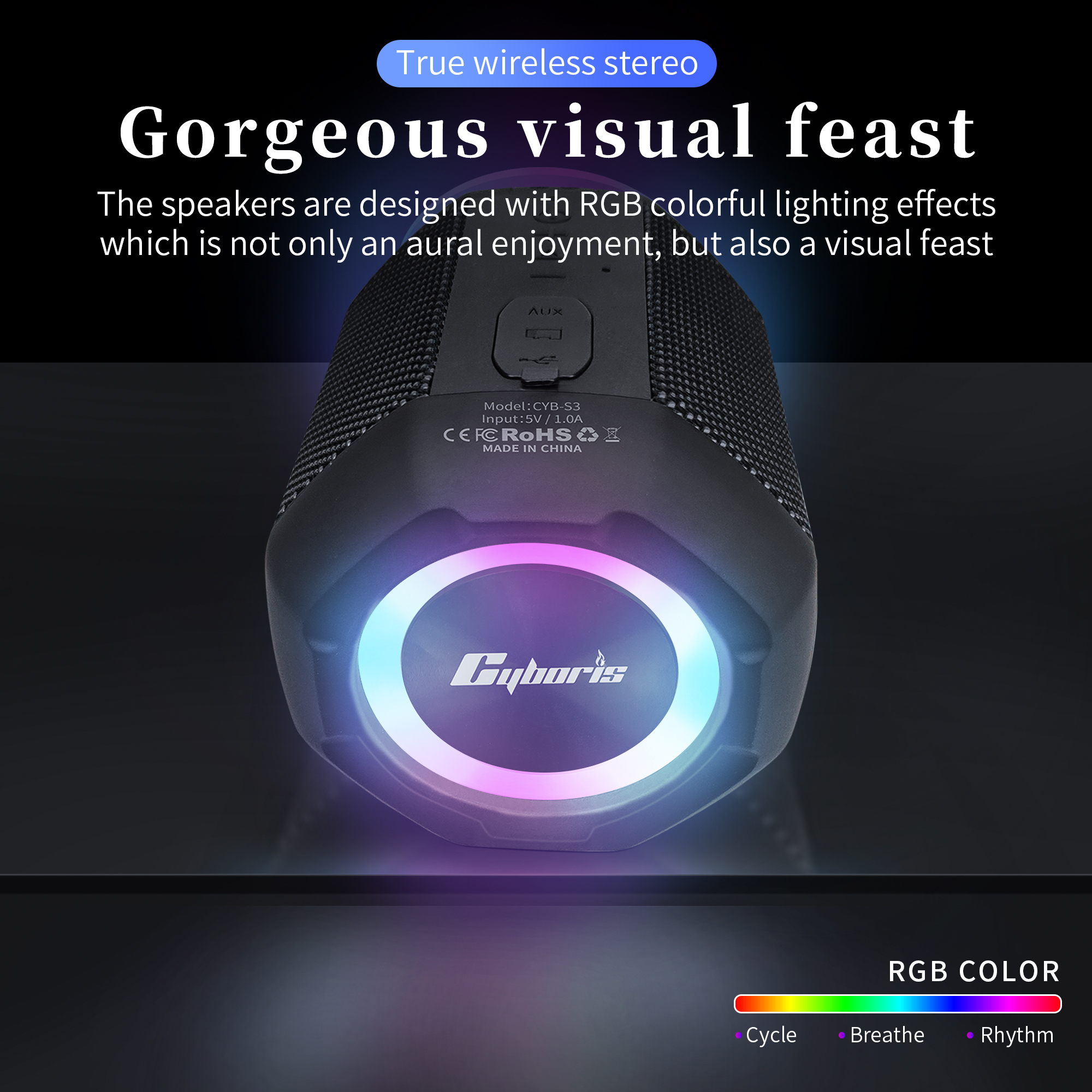 Cyboris TWS Speaker LED RGB Light Dual Sound Effect Stereo Boombox 15W Powered High Volume Speakers