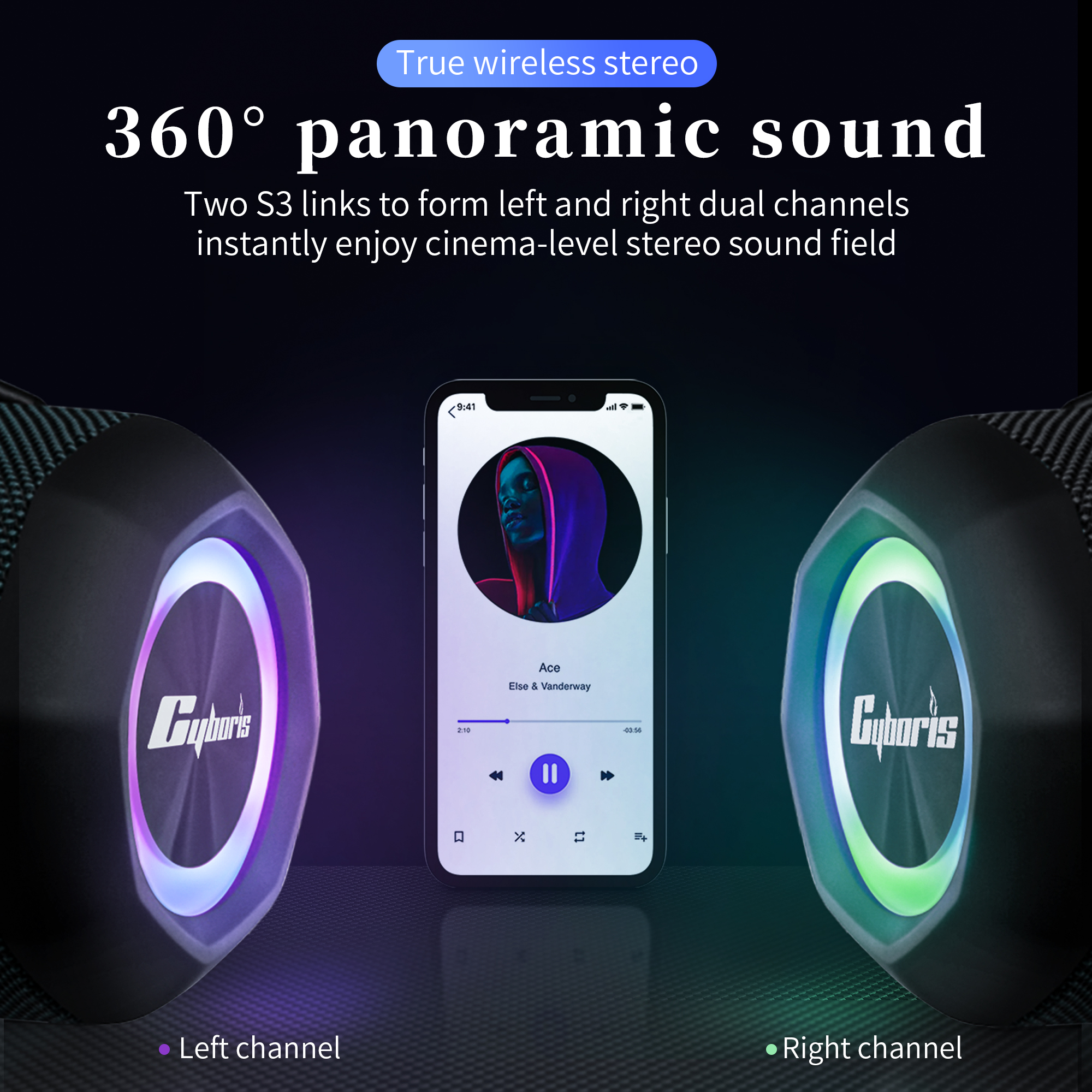 Cyboris TWS Speaker LED RGB Light Dual Sound Effect Stereo Boombox 15W Powered High Volume Speakers