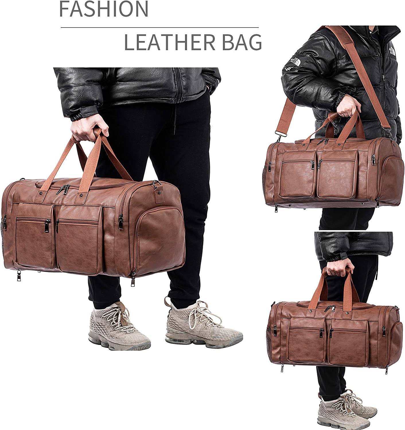 Leather Duffle Bag Weekender Bags  Leather Travel Duffel Bags Mens Leather Overnight with Shoes Pouch  