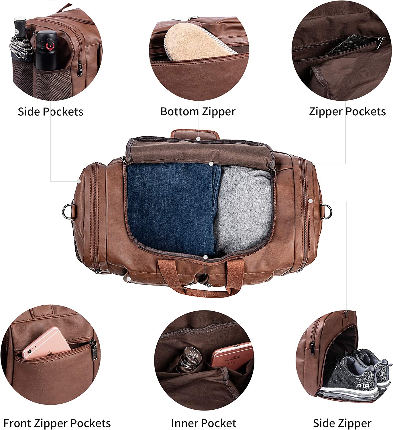 Leather Duffle Bag Weekender Bags  Leather Travel Duffel Bags Mens Leather Overnight with Shoes Pouch  