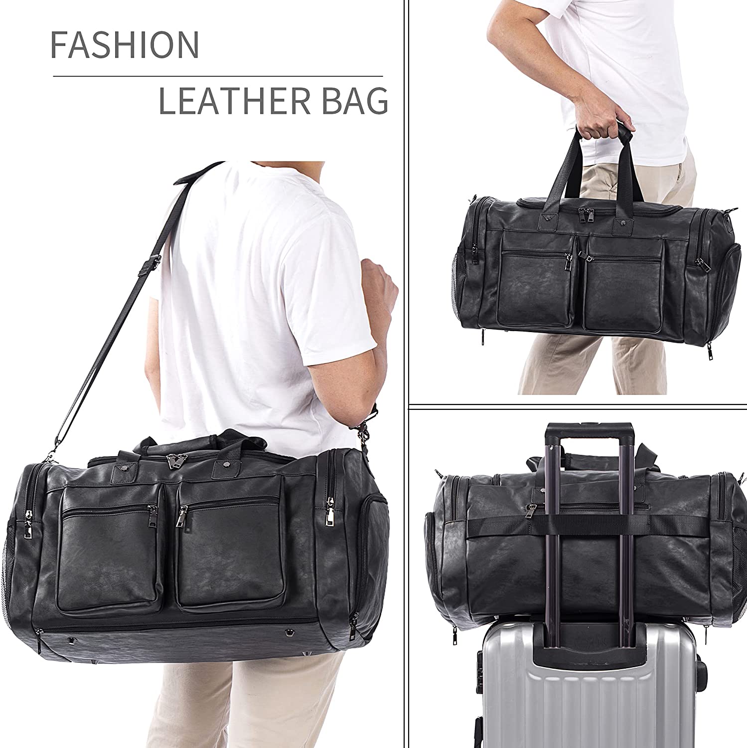 Leather Duffle Bag Weekender Bags  Leather Travel Duffel Bags Mens Leather Overnight with Shoes Pouch  