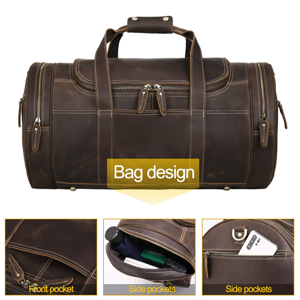 Tidings New Arrive Cylinder Retro Full Grain Cowhide Genuine Leather Gym Duffle Weekender Overnight Travel Duffel Bag Fo