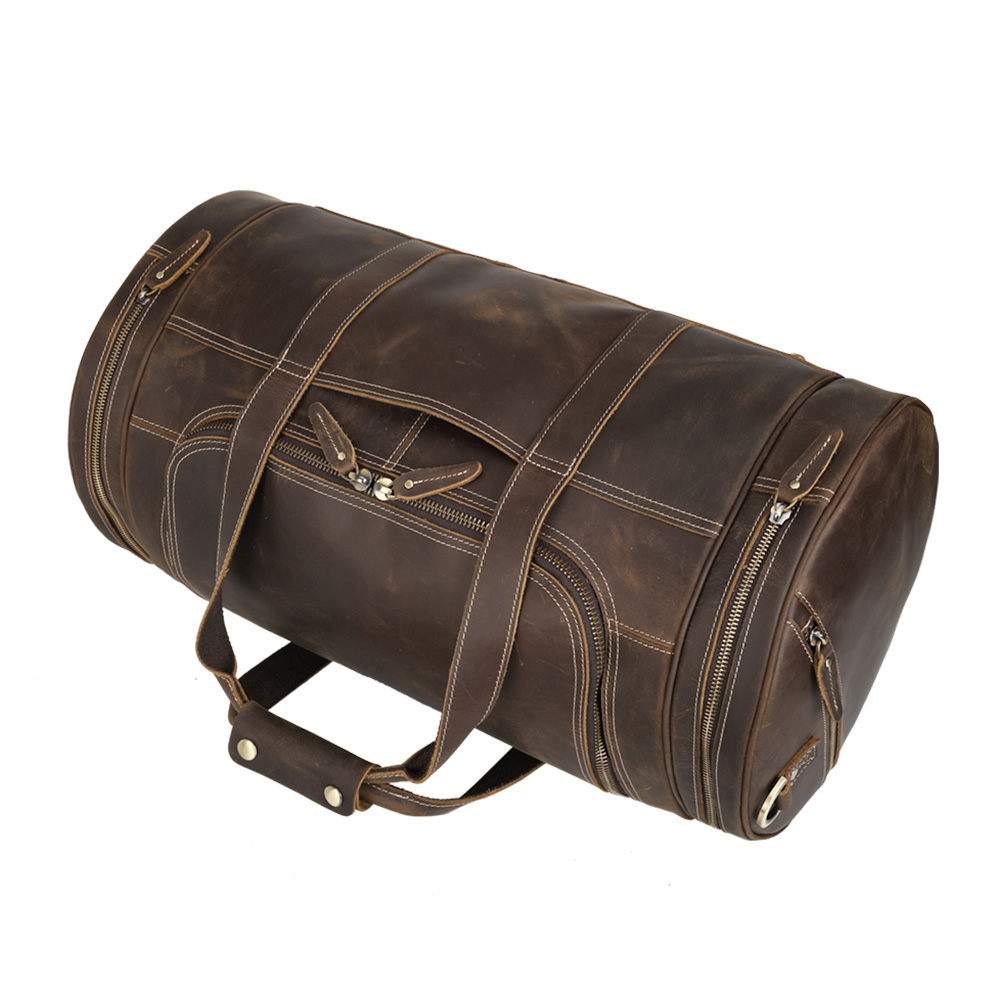 Tidings New Arrive Cylinder Retro Full Grain Cowhide Genuine Leather Gym Duffle Weekender Overnight Travel Duffel Bag Fo