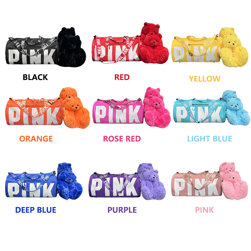 New Arrivals Travel Pink Bag Duffle Spend The Night Weekender Gym Overnight Duffle Bag with Teddy Bear Slipper