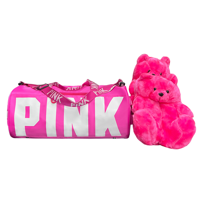 New Arrivals Travel Pink Bag Duffle Spend The Night Weekender Gym Overnight Duffle Bag with Teddy Bear Slipper