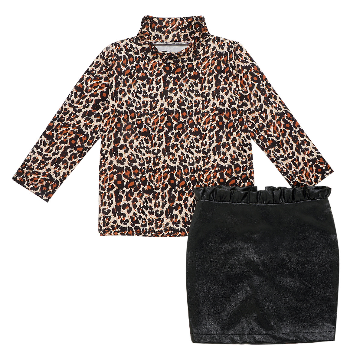 In Stock Fashion Girls Full Sleeve Leopard Tops Blouses Solid Skirts Kids Baby Girls Clothing Set Toddler Clothes 12m-6y