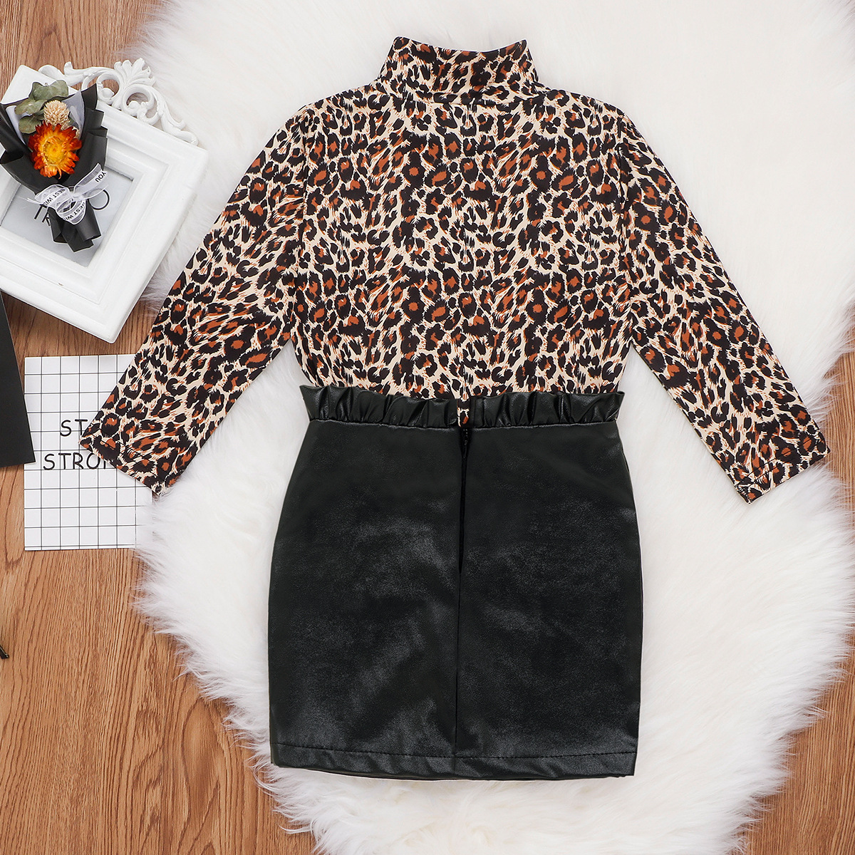 In Stock Fashion Girls Full Sleeve Leopard Tops Blouses Solid Skirts Kids Baby Girls Clothing Set Toddler Clothes 12m-6y