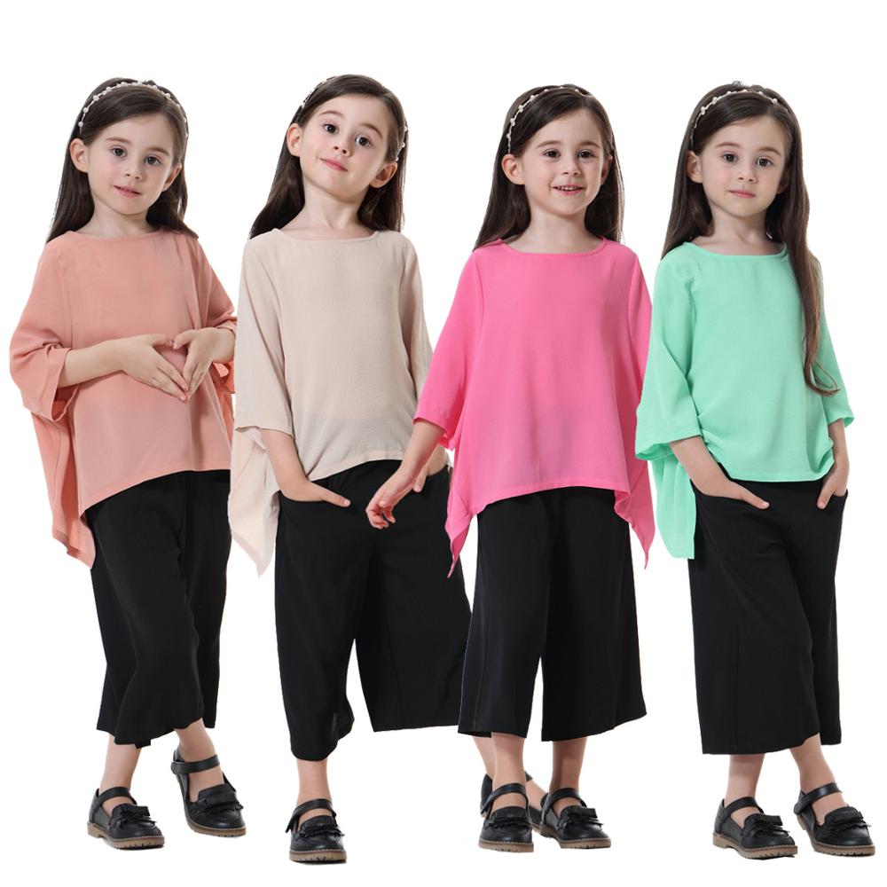 611# Muslim Children Dress 2pcs Sets Kids Suit Bat Sleeve tops and pants Islamic Girl Clothing Arab Kimono Kid's Jubah R