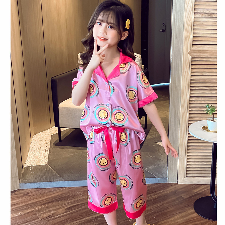 2022 Girls Satin Pyjamas Short Sleeve Satin Silk Sleepwear For Children Kids Print Pajama