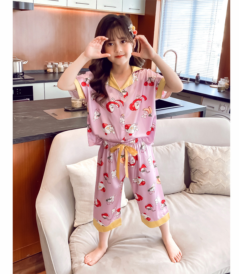2022 Girls Satin Pyjamas Short Sleeve Satin Silk Sleepwear For Children Kids Print Pajama