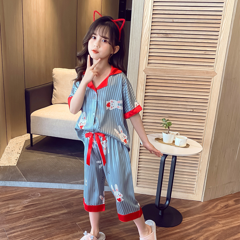 2022 Girls Satin Pyjamas Short Sleeve Satin Silk Sleepwear For Children Kids Print Pajama