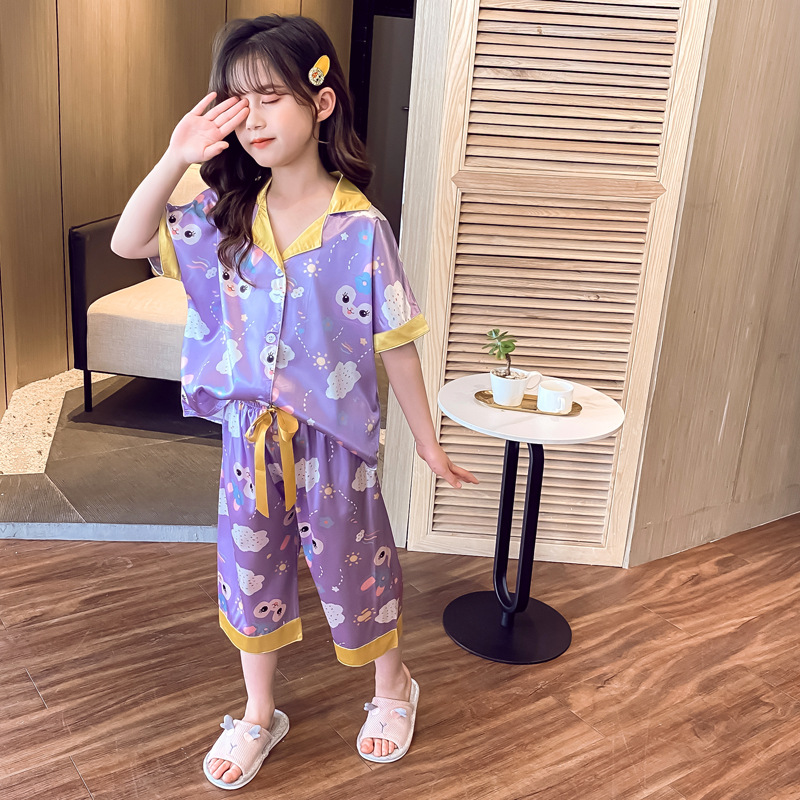 2022 Girls Satin Pyjamas Short Sleeve Satin Silk Sleepwear For Children Kids Print Pajama