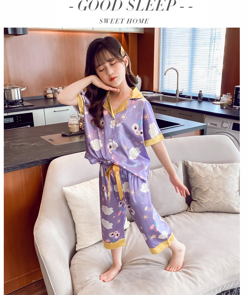 2022 Girls Satin Pyjamas Short Sleeve Satin Silk Sleepwear For Children Kids Print Pajama