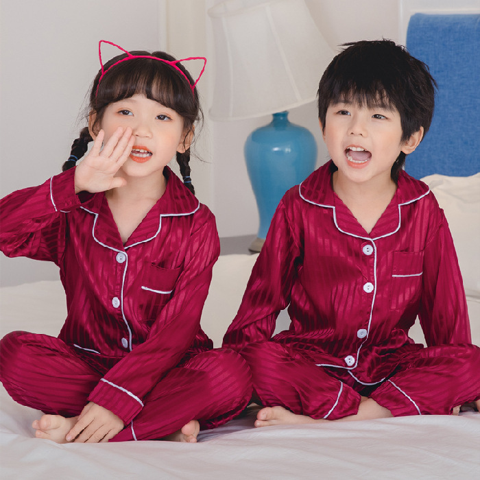Long Sleeve Children Pajamas Solid Ice Silk Satin Kids Sleepwear Sets Suit For Girl And Boy's Pajamas