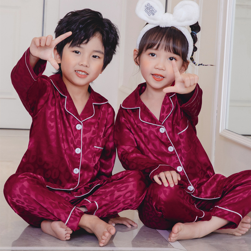 Long Sleeve Children Pajamas Solid Ice Silk Satin Kids Sleepwear Sets Suit For Girl And Boy's Pajamas