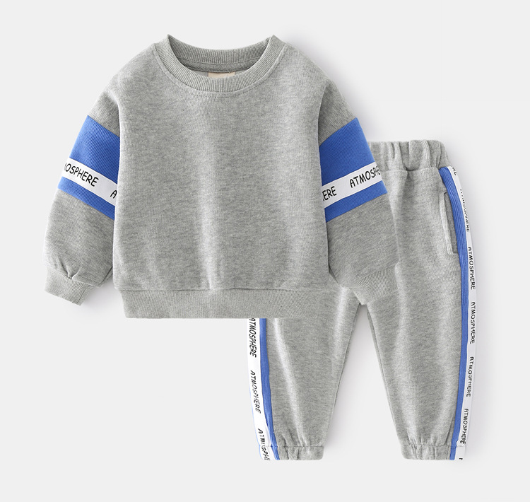 Fashion Blue Grey Color Patchwork Design Casual Sport Children Wear Hoodies Pants Clothes Set Kids Boys Clothing Set