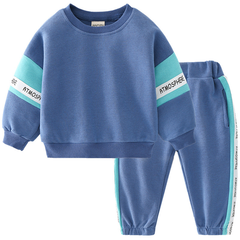 Fashion Blue Grey Color Patchwork Design Casual Sport Children Wear Hoodies Pants Clothes Set Kids Boys Clothing Set